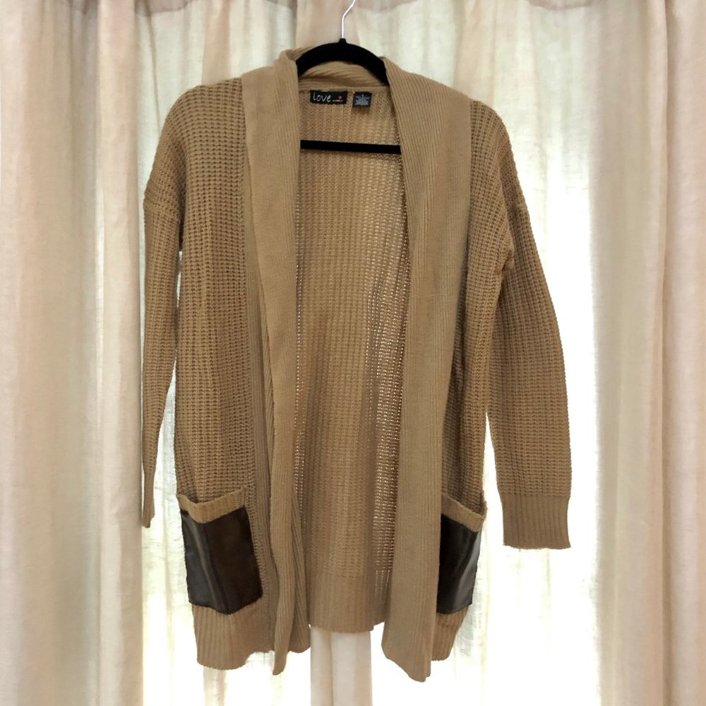 Brown Open-Front Cardigan with Leather Pockets S